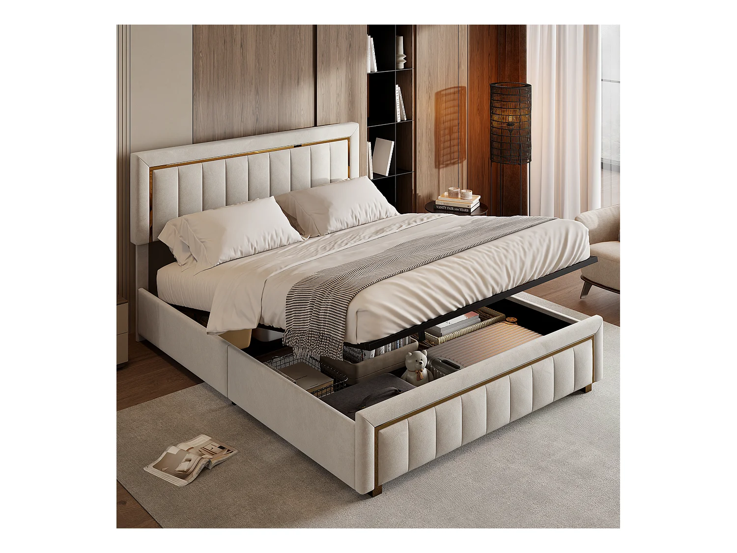 Lit coffre 140x200cm en velours - lit fonctionnel de rangement - lit double - sommier à lattes et coffre de rangement hydraulique - beige