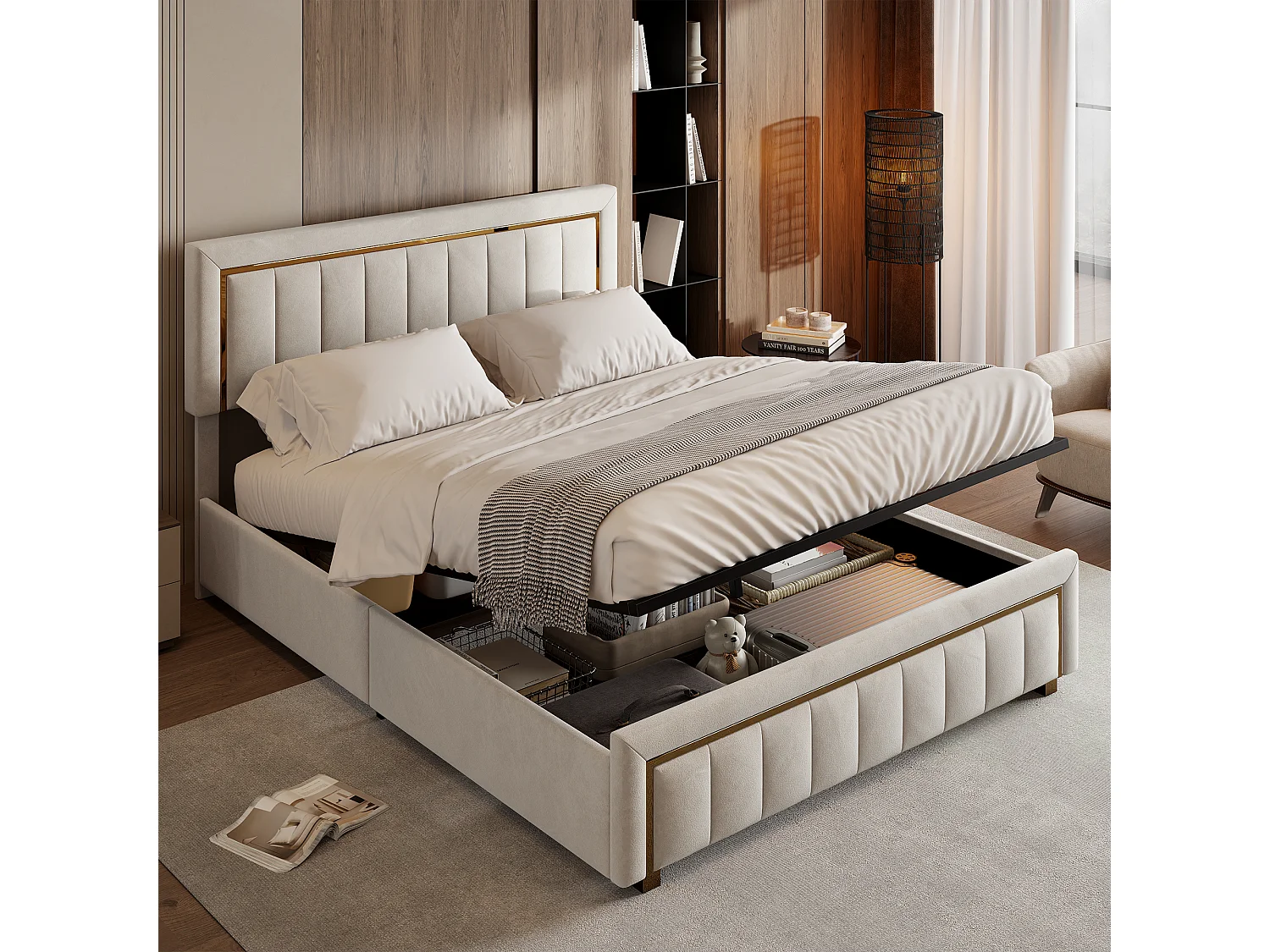 Lit coffre 140x200cm en velours - lit fonctionnel de rangement - lit double - sommier à lattes et coffre de rangement hydraulique - beige