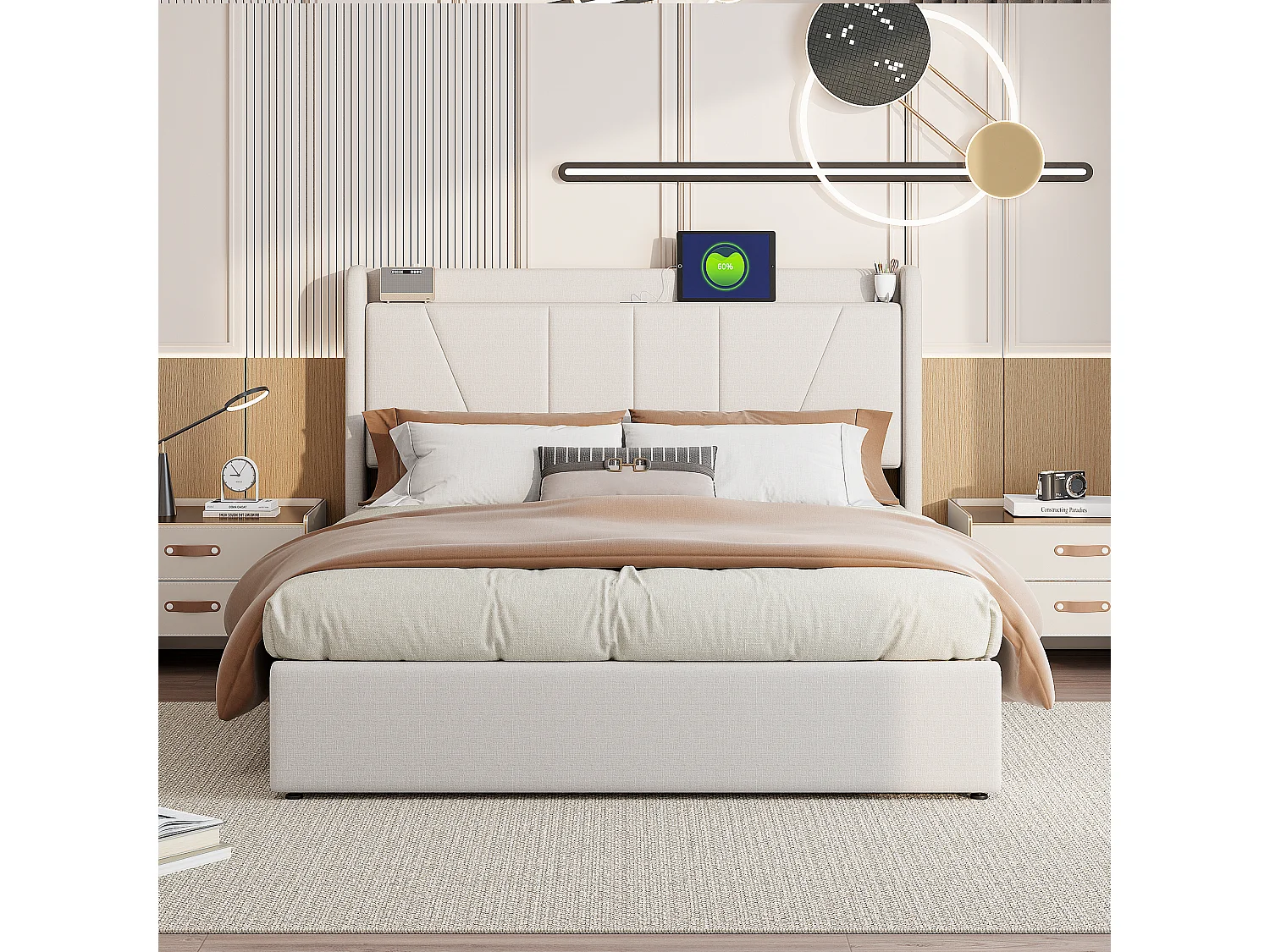 Lit coffre 160x200cm en tissu lin avec port USB - tête de lit et sommier à lattes - Beige