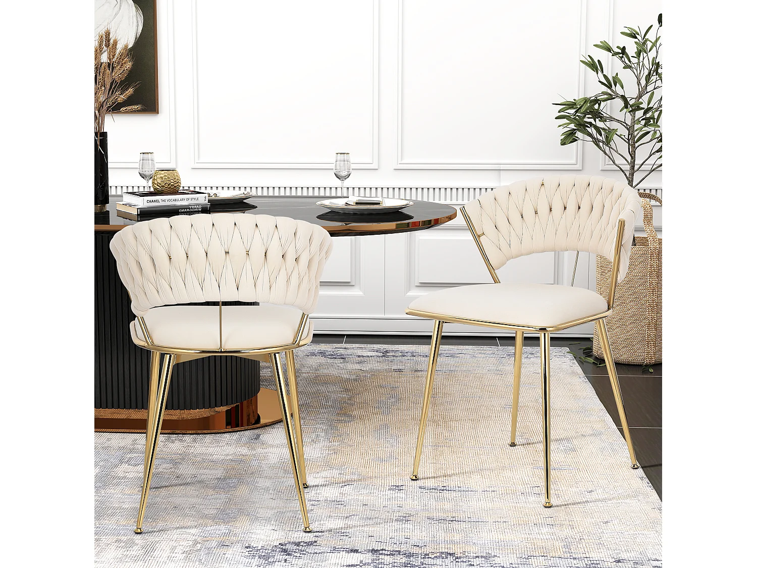 Lot de 2 chaises de Salle à Manger rembourrées en Velours avec Dossier tissé et Pieds en métal doré - pour Salle à Manger, Salon, Cuisine - Beige