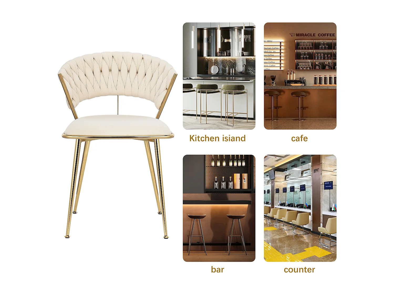 Lot de 2 chaises de Salle à Manger rembourrées en Velours avec Dossier tissé et Pieds en métal doré - pour Salle à Manger, Salon, Cuisine - Beige