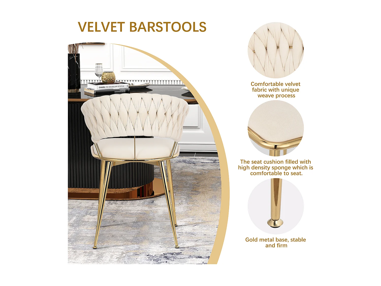 Lot de 2 chaises de Salle à Manger rembourrées en Velours avec Dossier tissé et Pieds en métal doré - pour Salle à Manger, Salon, Cuisine - Beige