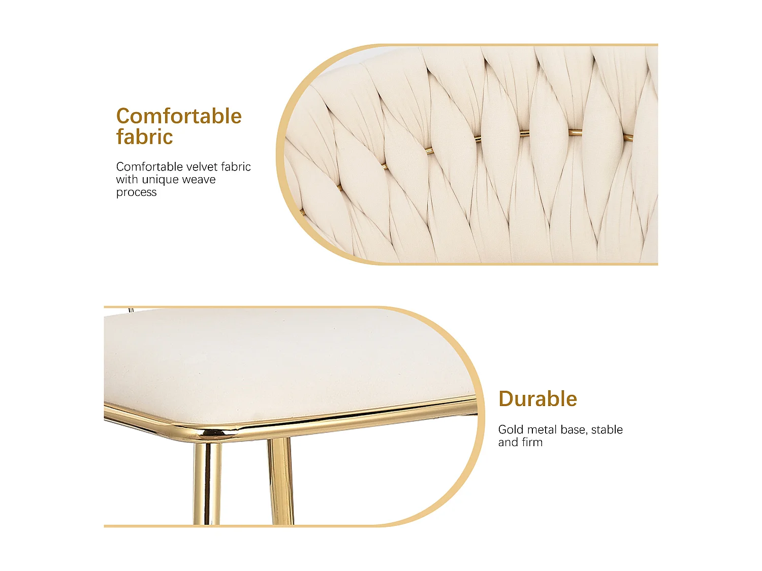 Lot de 2 chaises de Salle à Manger rembourrées en Velours avec Dossier tissé et Pieds en métal doré - pour Salle à Manger, Salon, Cuisine - Beige