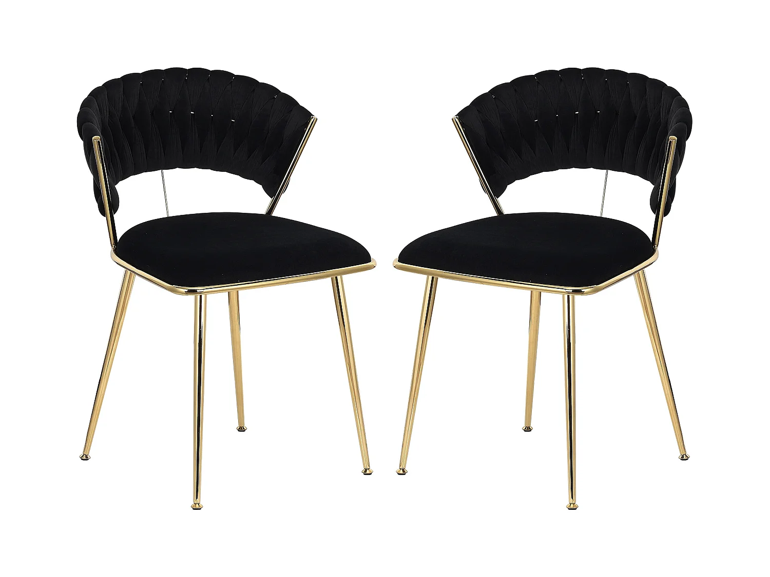 Conjunto de 2 cadeiras de jantar estofadas em veludo com encosto entrançado e pernas em metal dourado - para sala de jantar, sala de estar, cozinha - preto