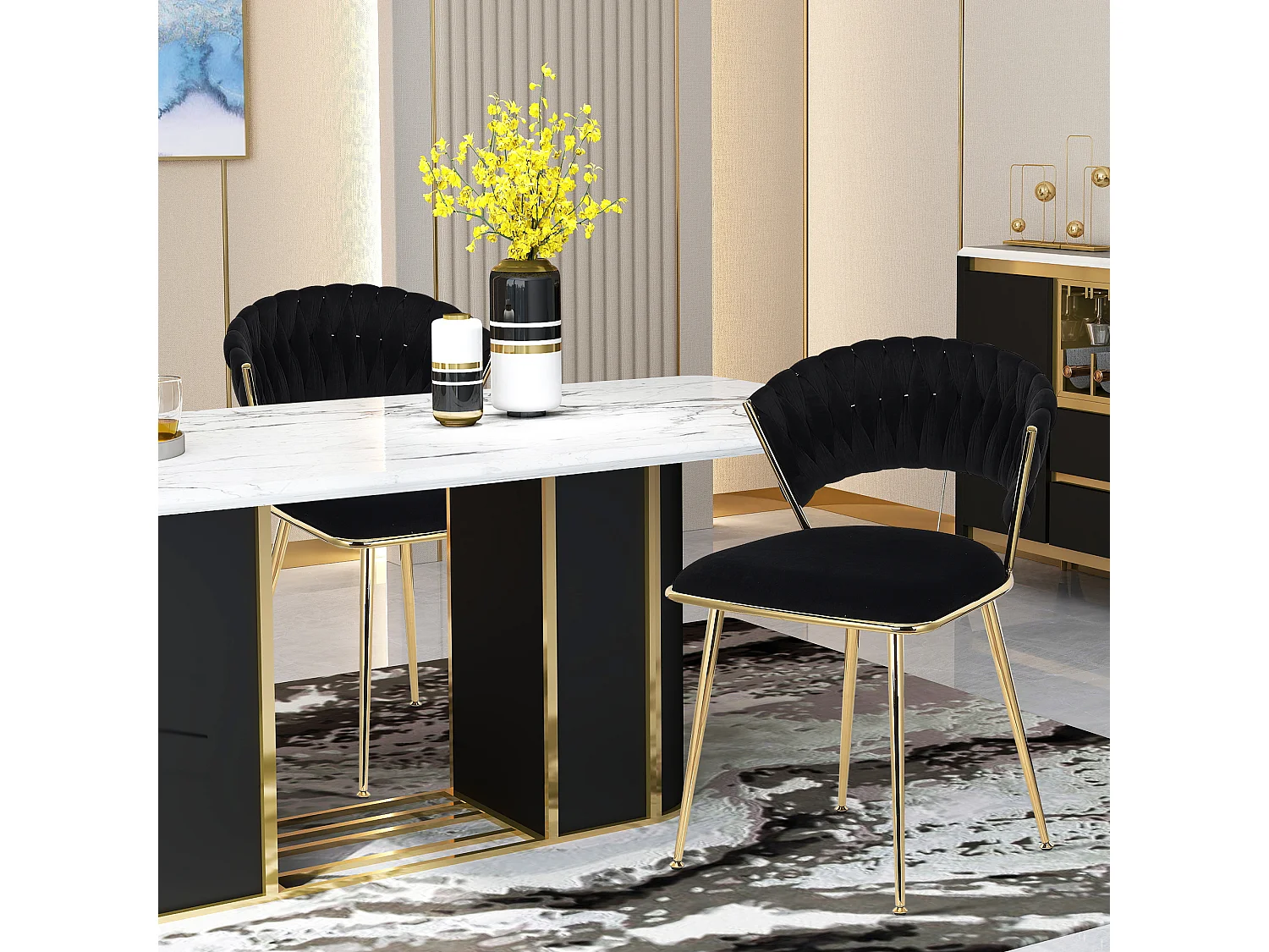 Conjunto de 2 cadeiras de jantar estofadas em veludo com encosto entrançado e pernas em metal dourado - para sala de jantar, sala de estar, cozinha - preto