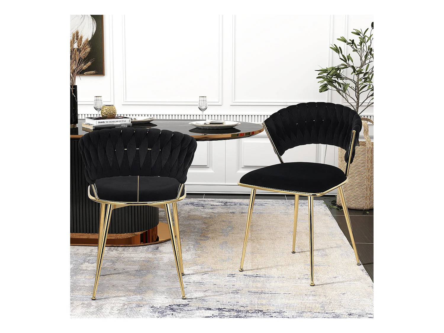 2er-Set Esszimmerstühle mit Samtpolsterung, gewebter Rückenlehne und goldenen Metallbeinen – für Esszimmer, Wohnzimmer, Küche – Schwarz