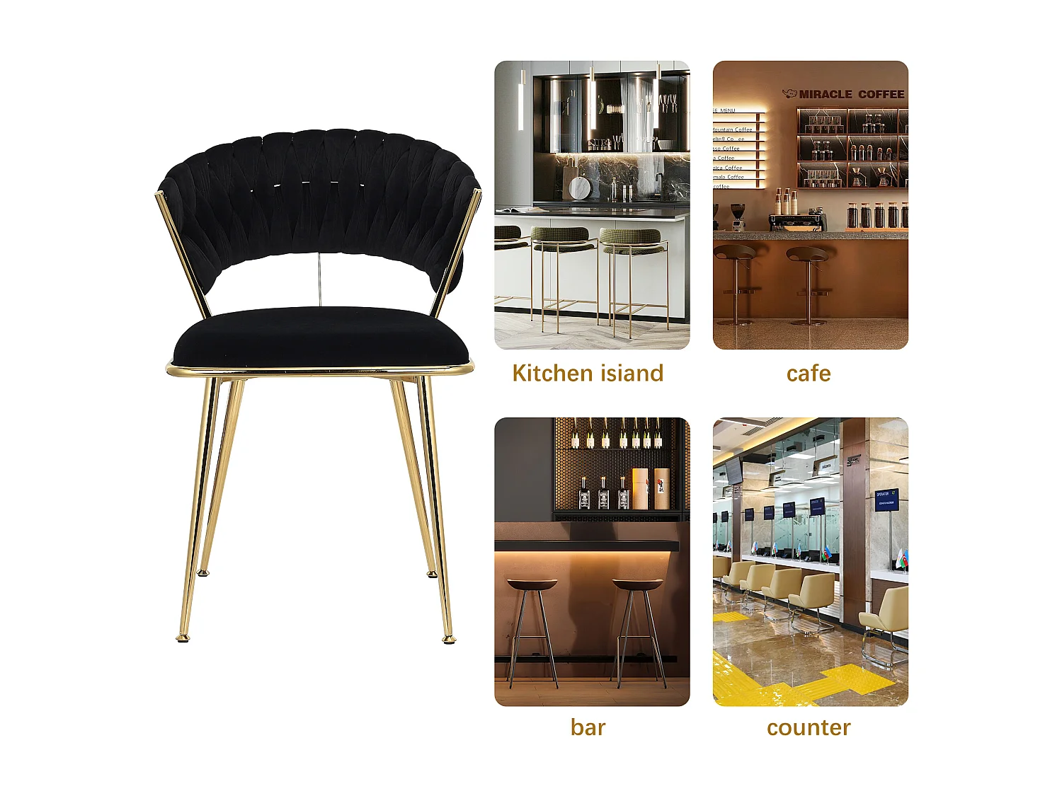 Lot de 2 chaises de Salle à Manger rembourrées en Velours avec Dossier tissé et Pieds en métal doré - pour Salle à Manger, Salon, Cuisine - Noir