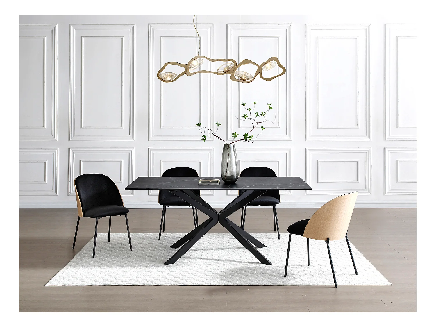 Lot de 6 chaises en velours, placage chêne et métal - Noir et Naturel clair - MIJENIA