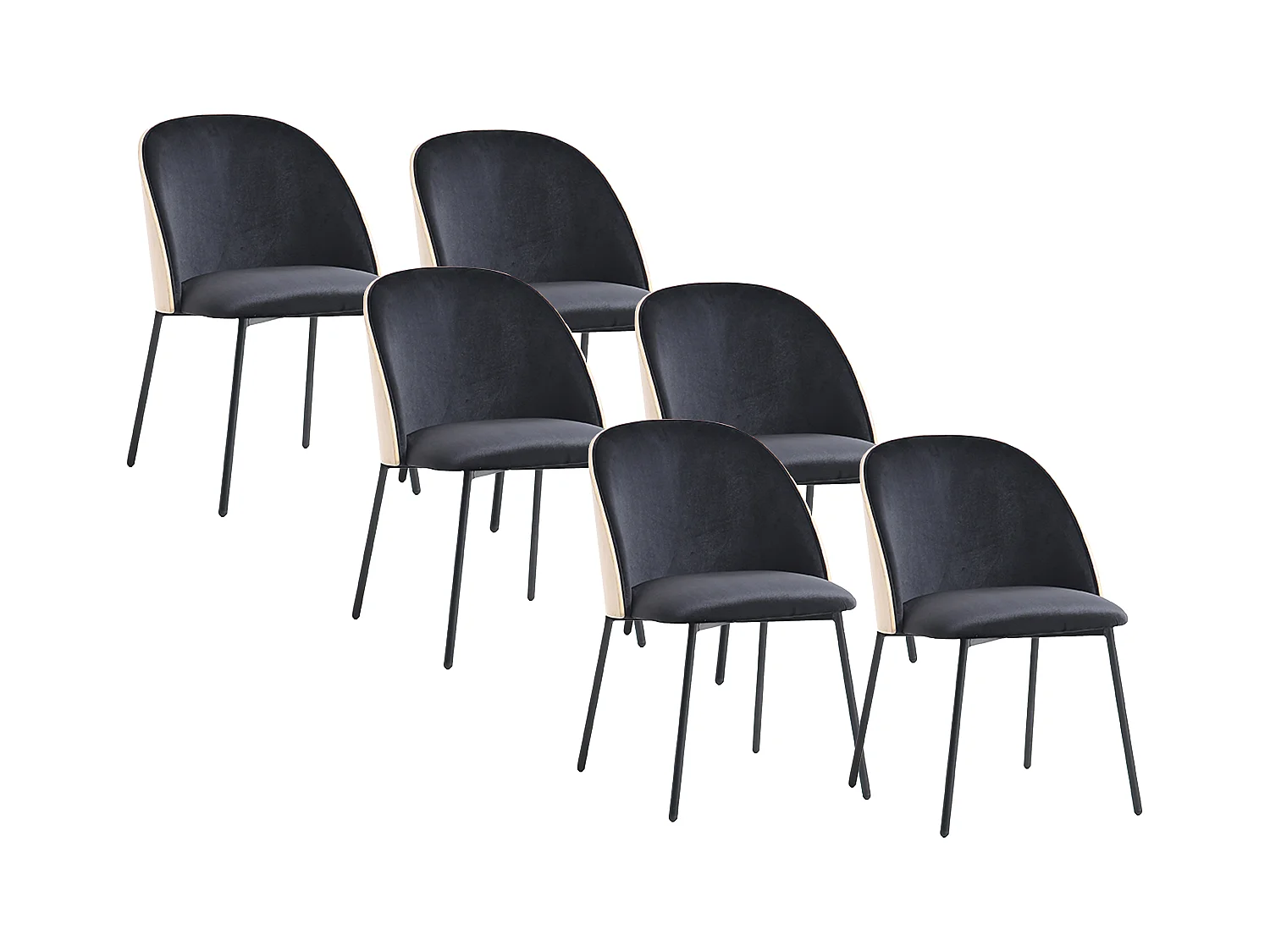 Lot de 6 chaises en velours, placage chêne et métal - Noir et Naturel clair - MIJENIA