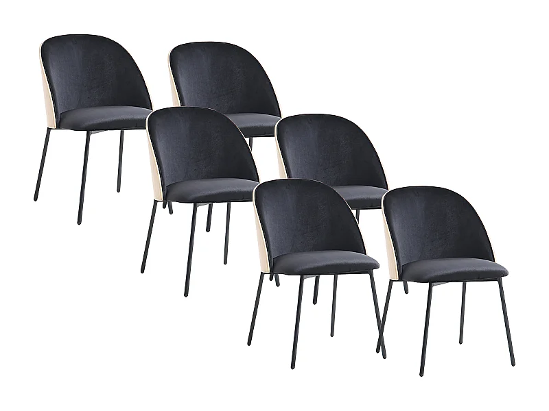 Set van 6 stoelen in fluweel en metaal - Zwart en lichte houtlook - MIJENIA
