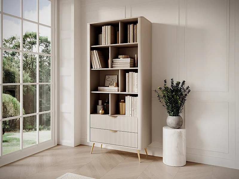 Bibliothèque avec 2 tiroirs et 8 niches en MDF - Beige et doré - ELONARIA II de Pascal Morabito