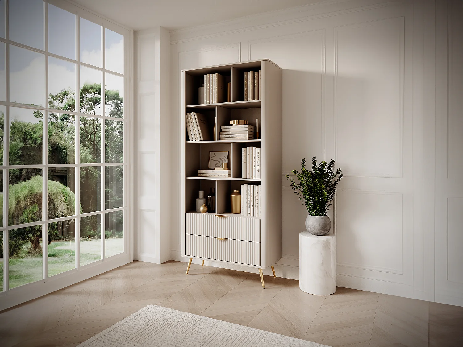 Bibliothèque avec 2 tiroirs et 8 niches en MDF - Beige et doré - ELONARIA II de Pascal Morabito