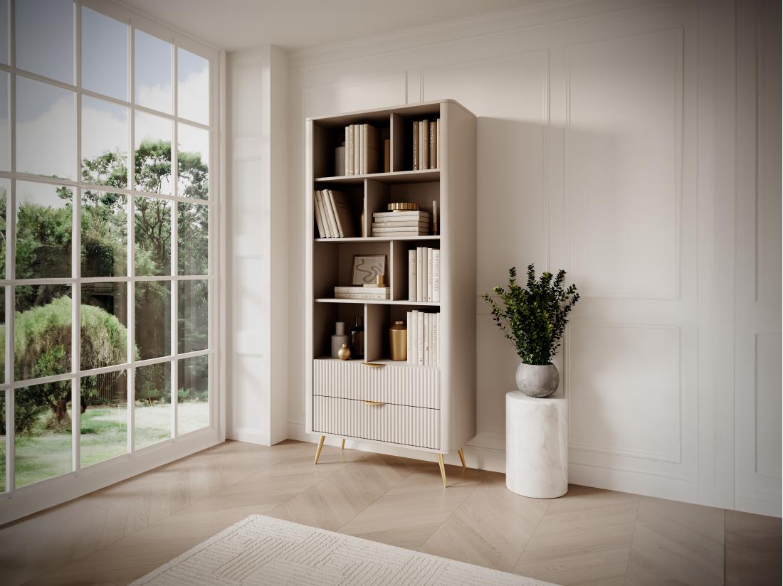 vente unique Bibliothèque avec 2 tiroirs et 8 niches en MDF - Beige et doré - ELONARIA II de Pascal Morabito