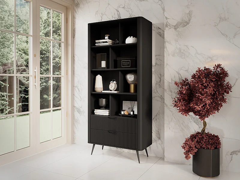 Bibliothèque avec 2 tiroirs et 8 niches en MDF - Noir - ELONARIA II de Pascal Morabito