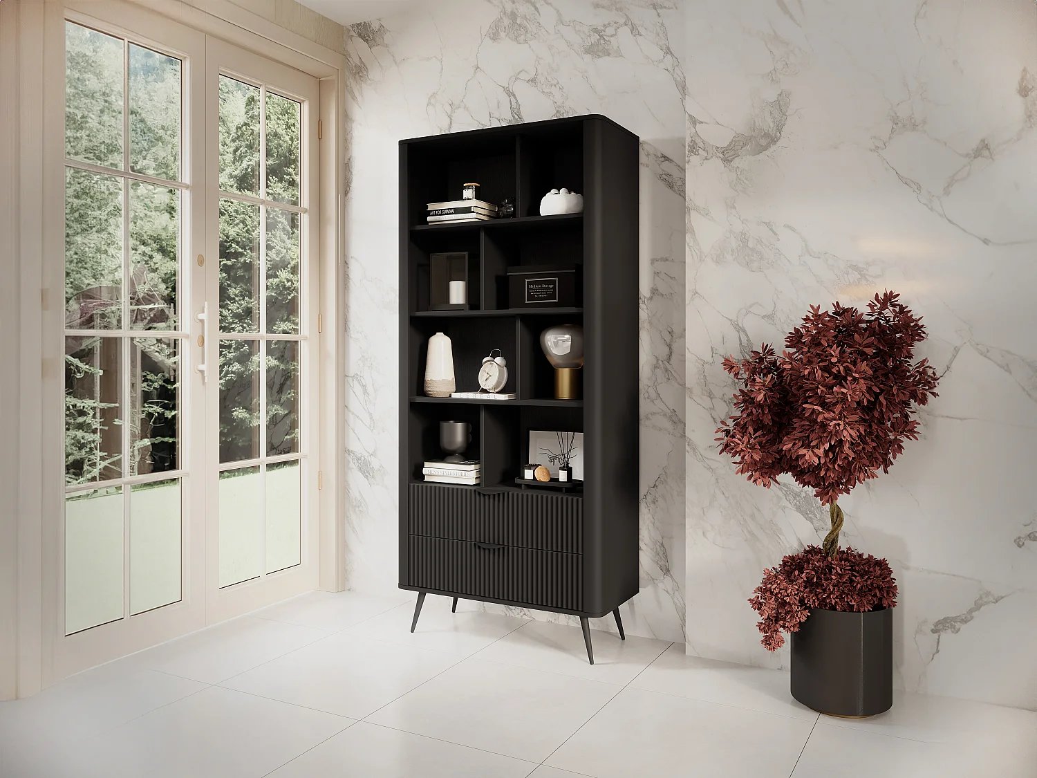 Bibliothèque avec 2 tiroirs et 8 niches en MDF - Noir - ELONARIA II de Pascal Morabito