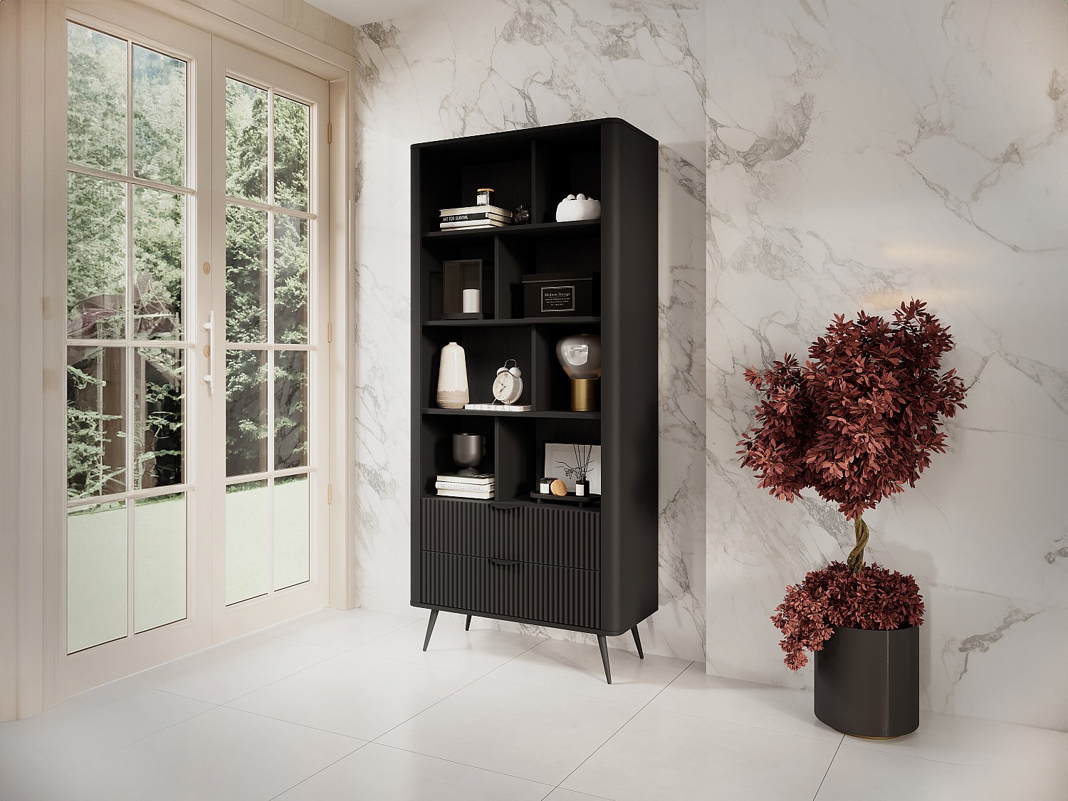 Wohnwand mit 2 Schubladen & 8 Fächern - MDF - Schwarz - ELONARIA II von Pas günstig online kaufen