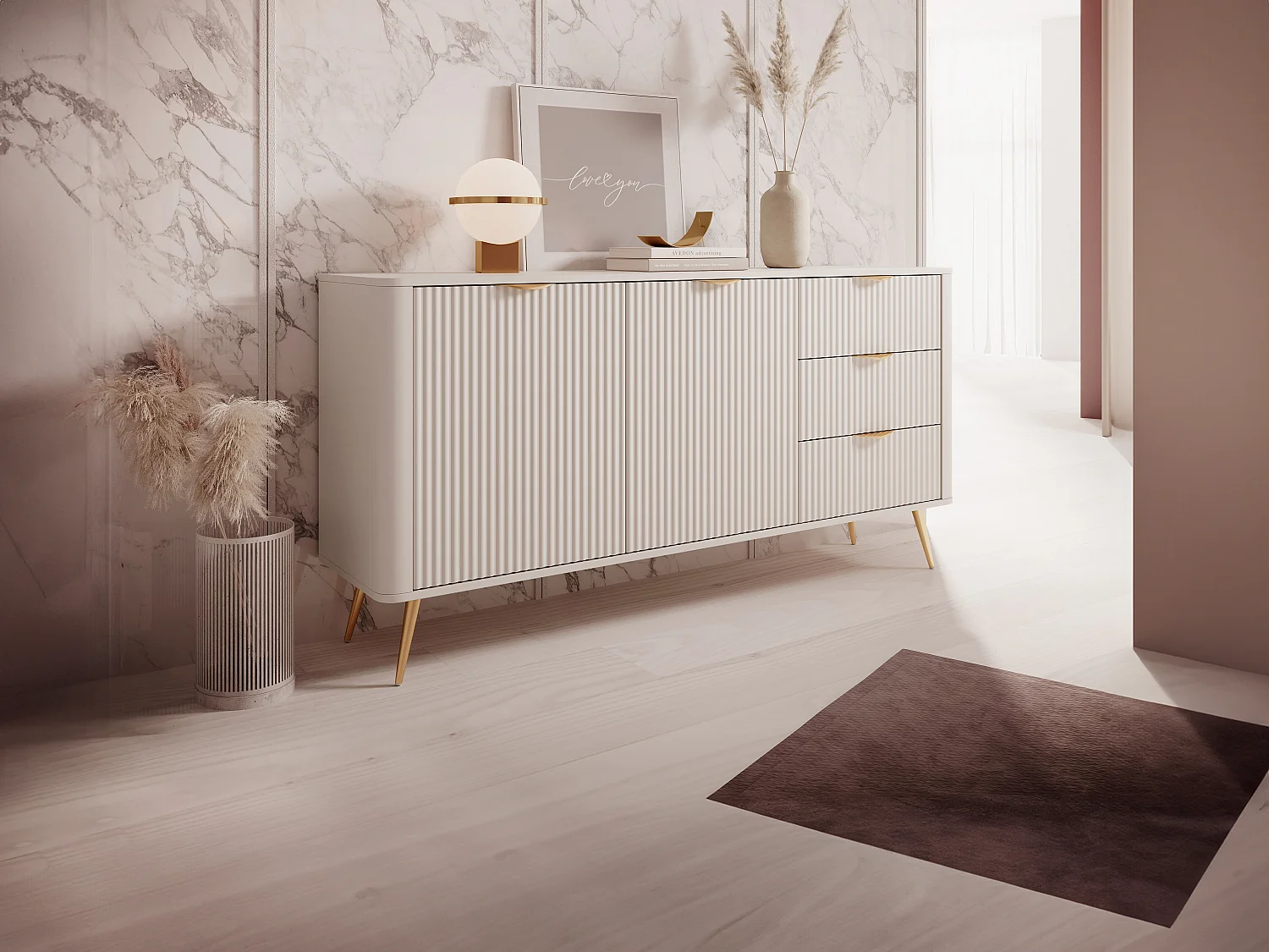 Buffet 2 portes et 3 tiroirs en MDF - Beige et doré - ELONARIA II de Pascal Morabito