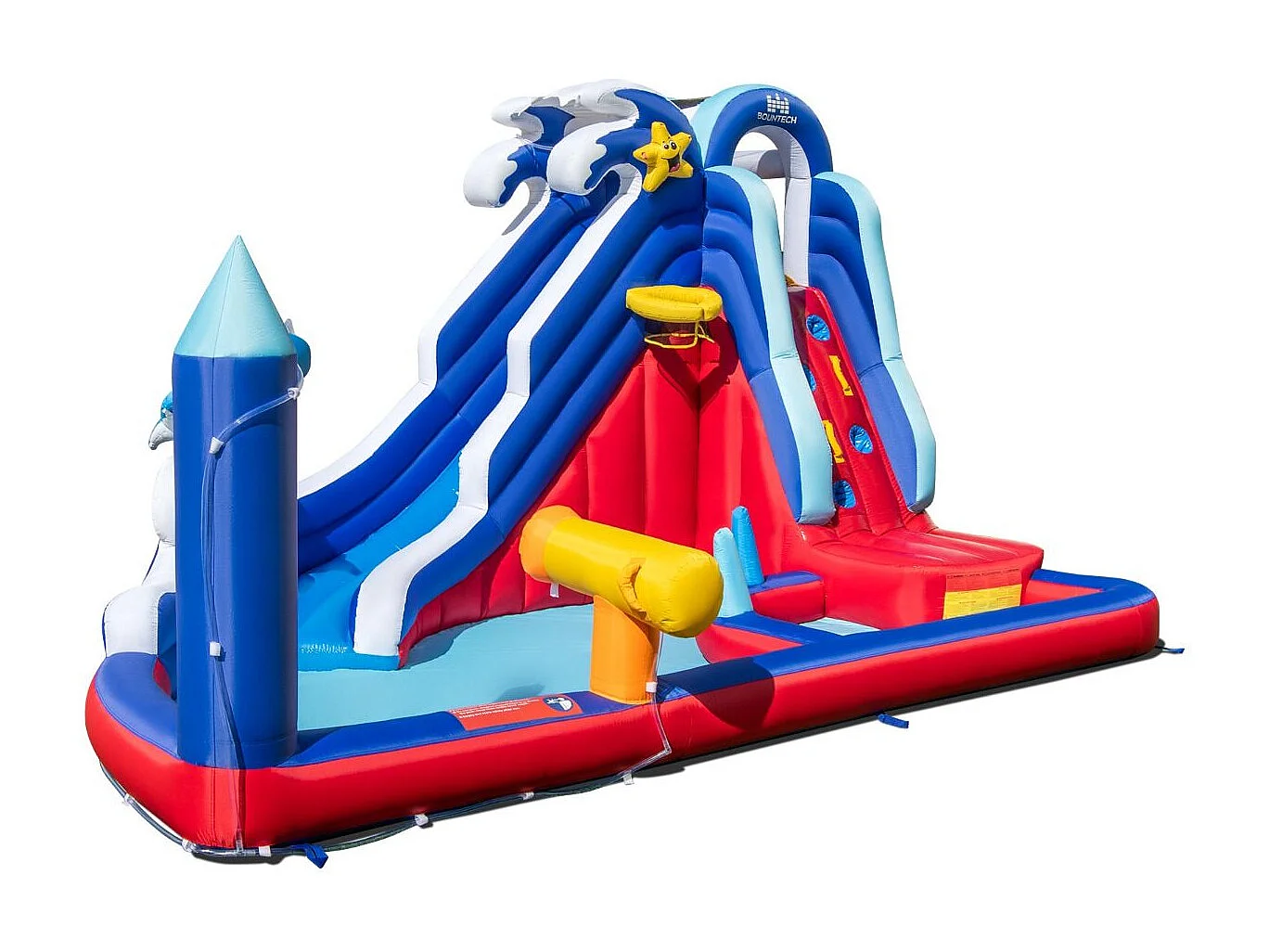 6 in 1 Aufblasbare Hüpfburg mit Kletterwand & Spritzpool & Wasserkanone & Basketballkorb