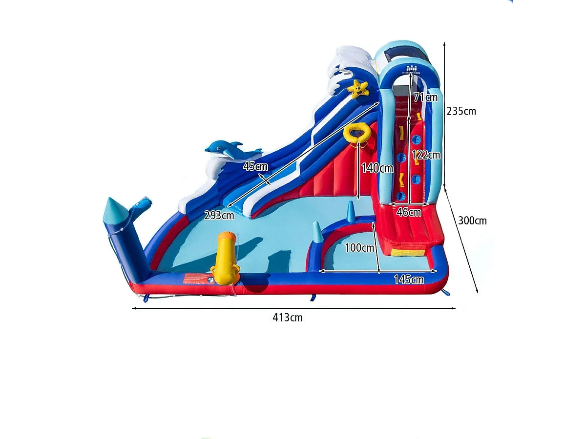 6 in 1 Aufblasbare Hüpfburg mit Kletterwand & Spritzpool & Wasserkanone & Basketballkorb