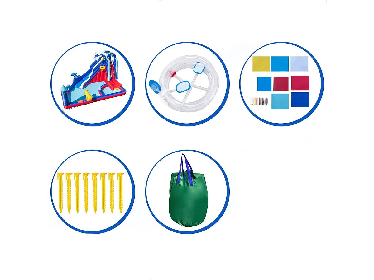 6 in 1 Aufblasbare Hüpfburg mit Kletterwand & Spritzpool & Wasserkanone & Basketballkorb