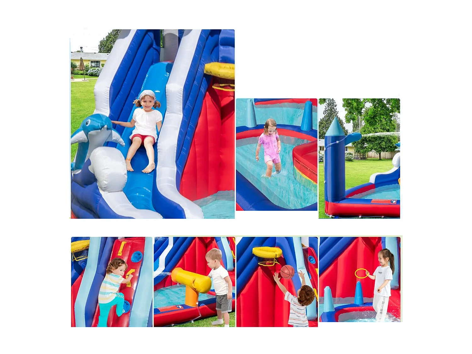 6 in 1 Aufblasbare Hüpfburg mit Kletterwand & Spritzpool & Wasserkanone & Basketballkorb