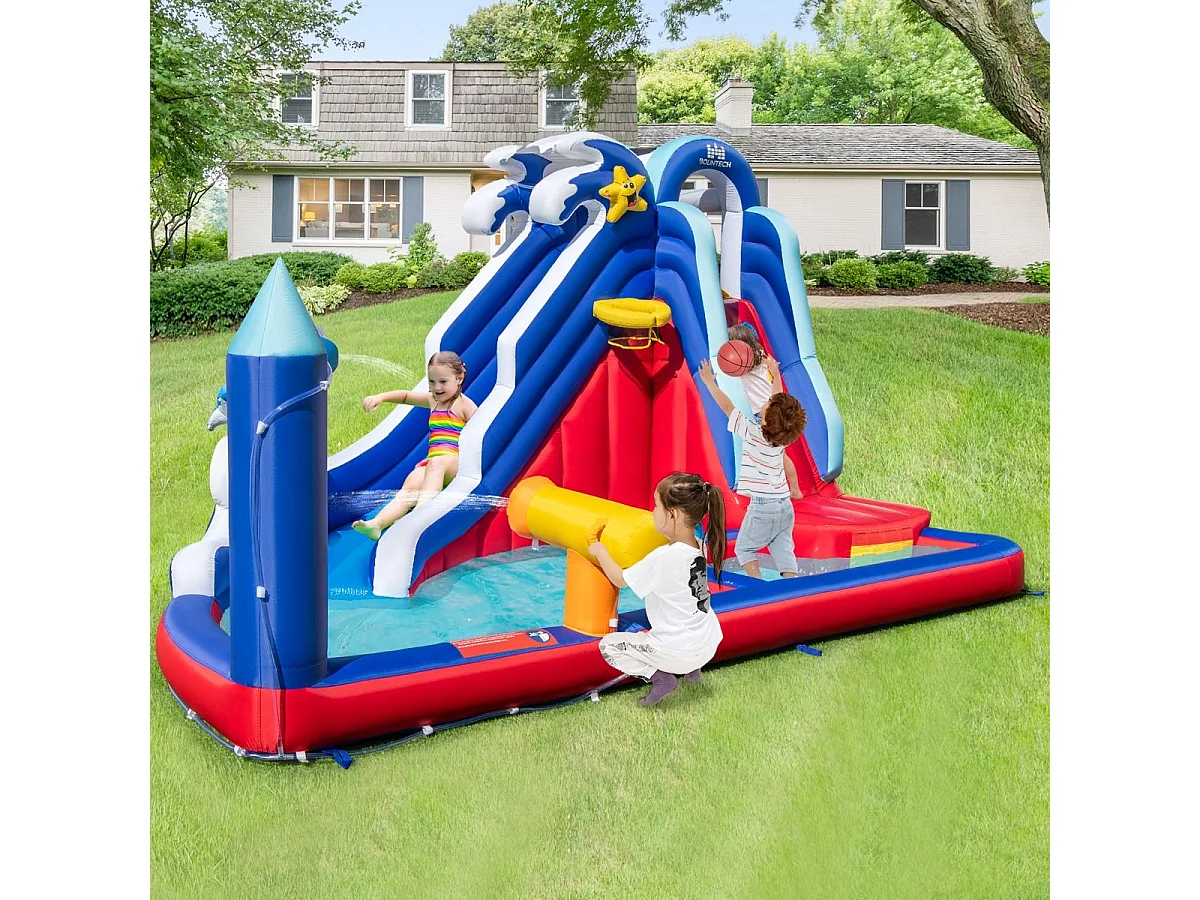 6 in 1 Aufblasbare Hüpfburg mit Kletterwand & Spritzpool & Wasserkanone & Basketballkorb
