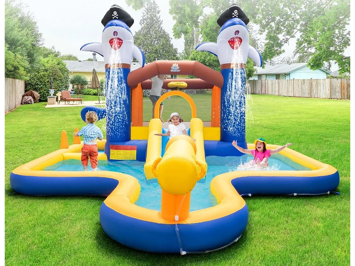 7-in-1 Wasserrutschenpark aufblasbares Hüpfhaus mit Spritzpool 578 x 408 x 250 cm