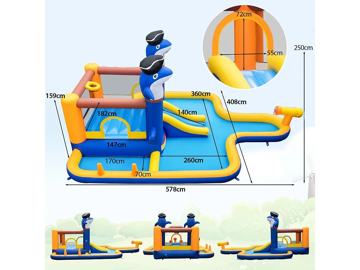 7-in-1 Wasserrutschenpark aufblasbares Hüpfhaus mit Spritzpool 578 x 408 x 250 cm