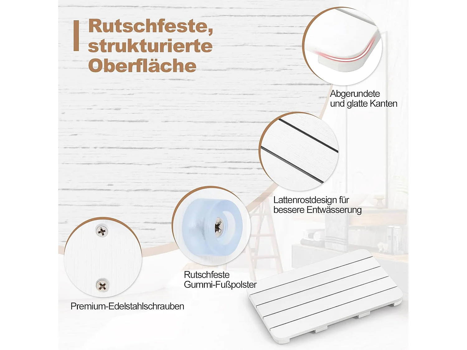Toilettenmatte, Badematte bis 150kg belastbar, Badvorleger rutschfest, Saunamatte wasserdicht für den Innen- und Außenbereich (Weiß, 55 x 34 cm)