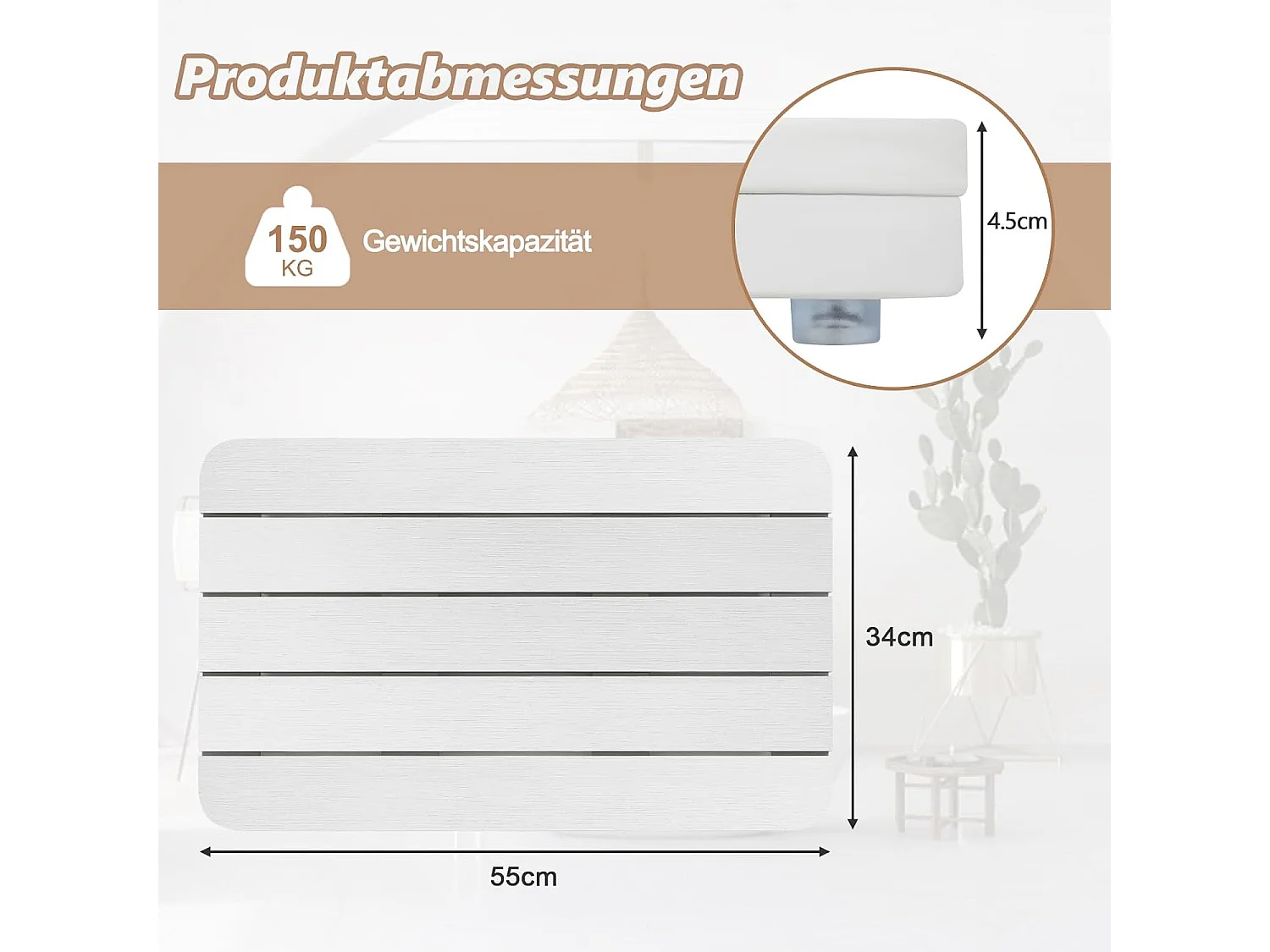 Toilettenmatte, Badematte bis 150kg belastbar, Badvorleger rutschfest, Saunamatte wasserdicht für den Innen- und Außenbereich (Weiß, 55 x 34 cm)