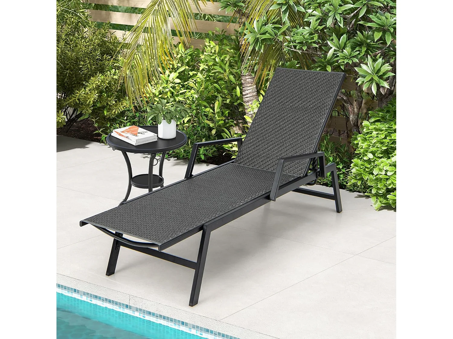 Sonnenliege Rattan, Gartenliege mit Verstellbarer Rückenlehne und Armlehnen, Terrassenliege bis 150 kg belastbar, Liegestuhl für Garten, Terrasse, Pool  ZB33407NZDE