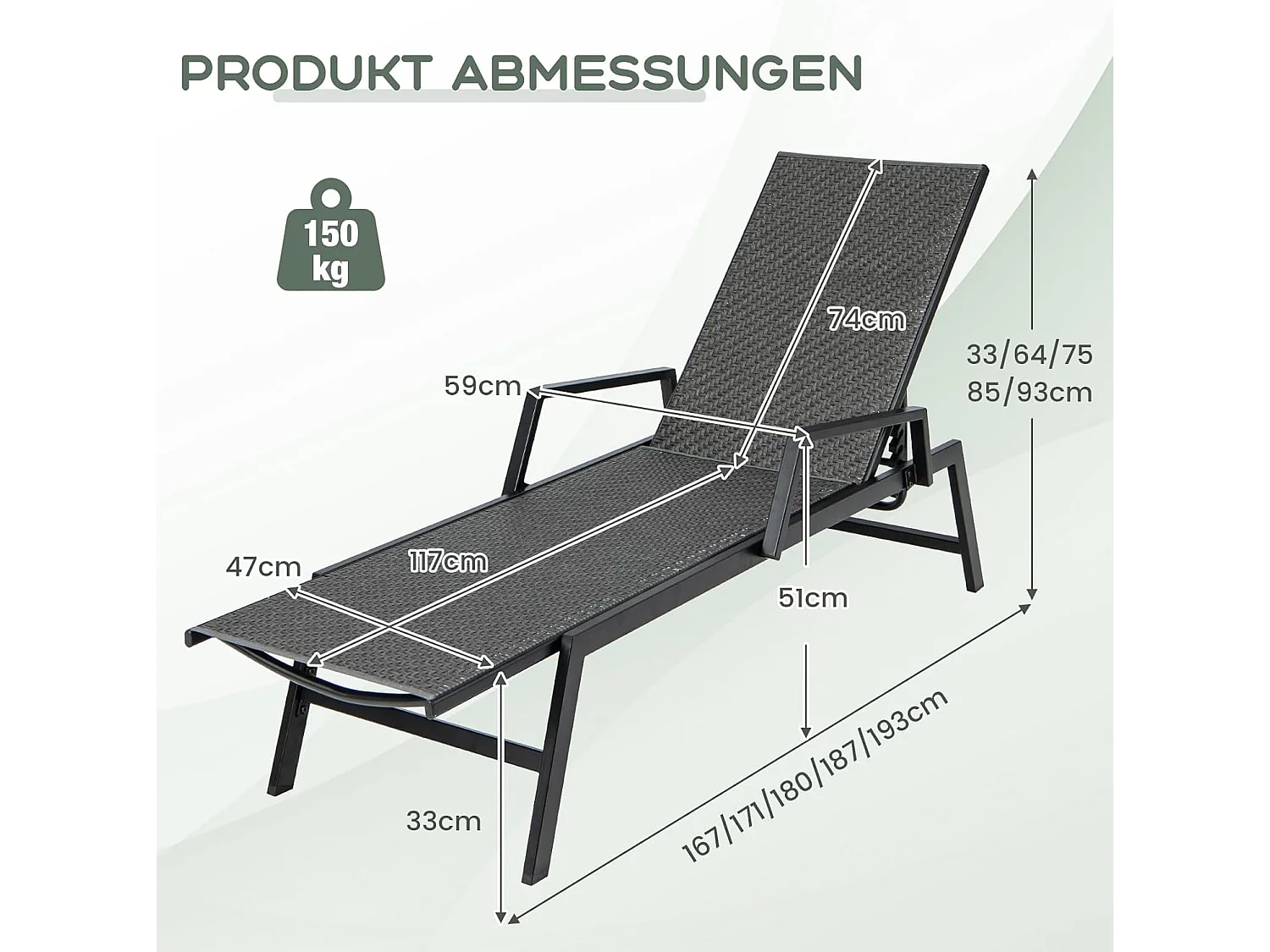 Sonnenliege Rattan, Gartenliege mit Verstellbarer Rückenlehne und Armlehnen, Terrassenliege bis 150 kg belastbar, Liegestuhl für Garten, Terrasse, Pool  ZB33407NZDE