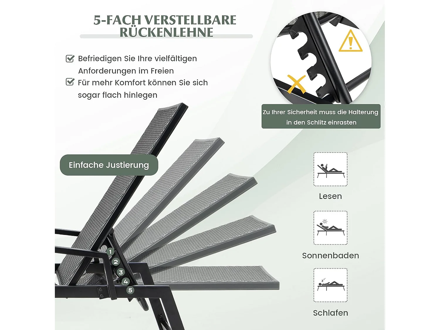 Sonnenliege Rattan, Gartenliege mit Verstellbarer Rückenlehne und Armlehnen, Terrassenliege bis 150 kg belastbar, Liegestuhl für Garten, Terrasse, Pool  ZB33407NZDE
