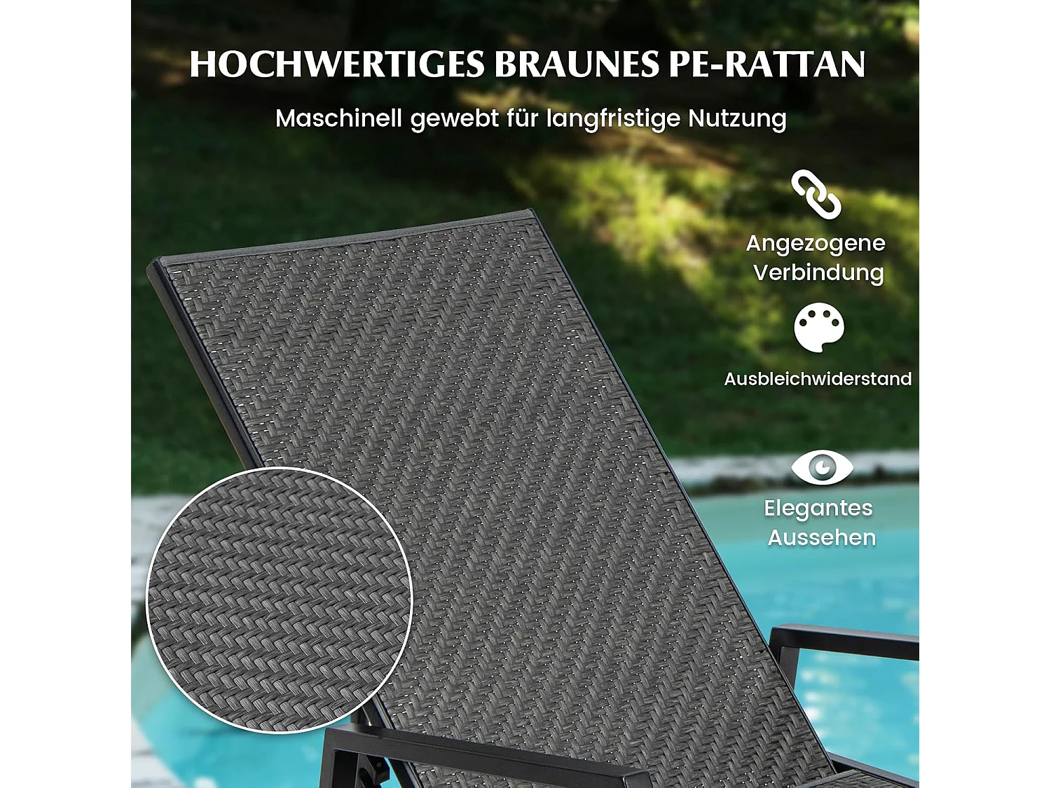 Sonnenliege Rattan, Gartenliege mit Verstellbarer Rückenlehne und Armlehnen, Terrassenliege bis 150 kg belastbar, Liegestuhl für Garten, Terrasse, Pool  ZB33407NZDE