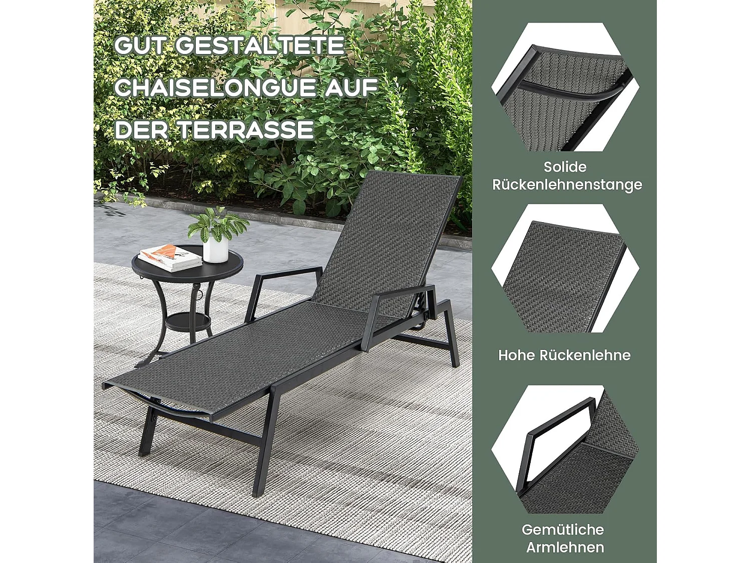 Sonnenliege Rattan, Gartenliege mit Verstellbarer Rückenlehne und Armlehnen, Terrassenliege bis 150 kg belastbar, Liegestuhl für Garten, Terrasse, Pool  ZB33407NZDE