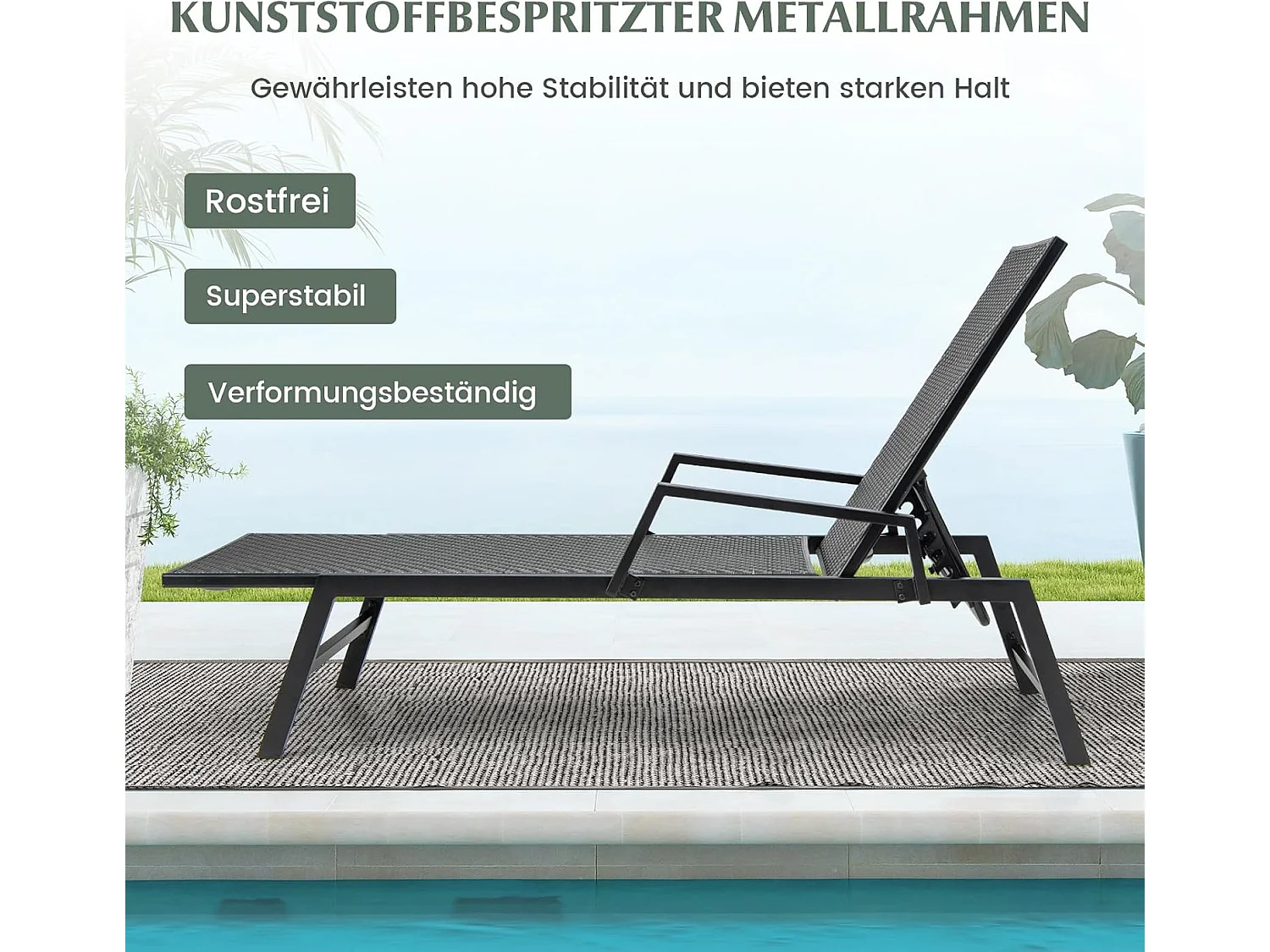 Sonnenliege Rattan, Gartenliege mit Verstellbarer Rückenlehne und Armlehnen, Terrassenliege bis 150 kg belastbar, Liegestuhl für Garten, Terrasse, Pool  ZB33407NZDE
