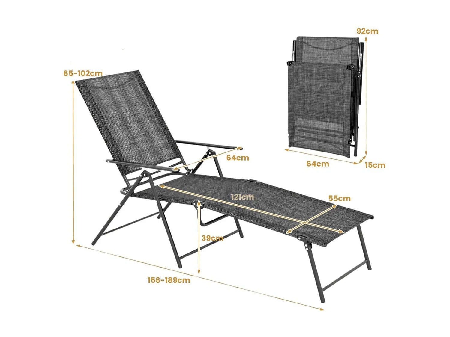 2er Set Sonnenliege klappbar Gartenliege mit Verstellbarer Rückenlehne Grau 155-189 x 64 x 65-102 cm