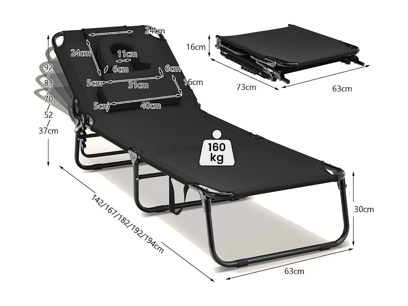 Klappbare Sonnenliege mit Gesichtsöffnung & 3 Kissen & 5-Fach Verstellbarer Rückenlehne Schwarz