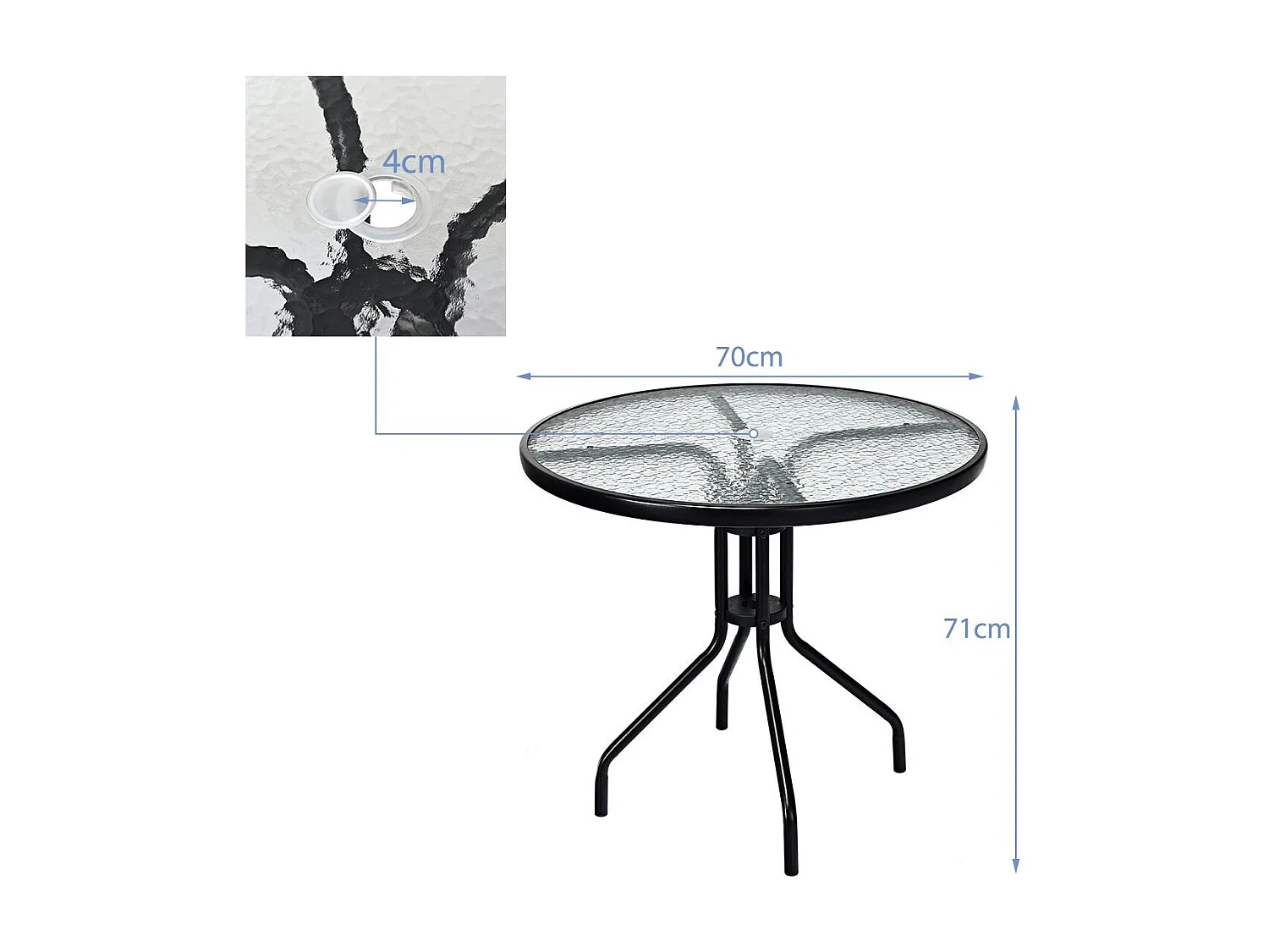 Tavolo da patio da 70cm con piano in vetro temperato gambe in metallo foro per l'ombrellone, Tavolino rotondo da caffè