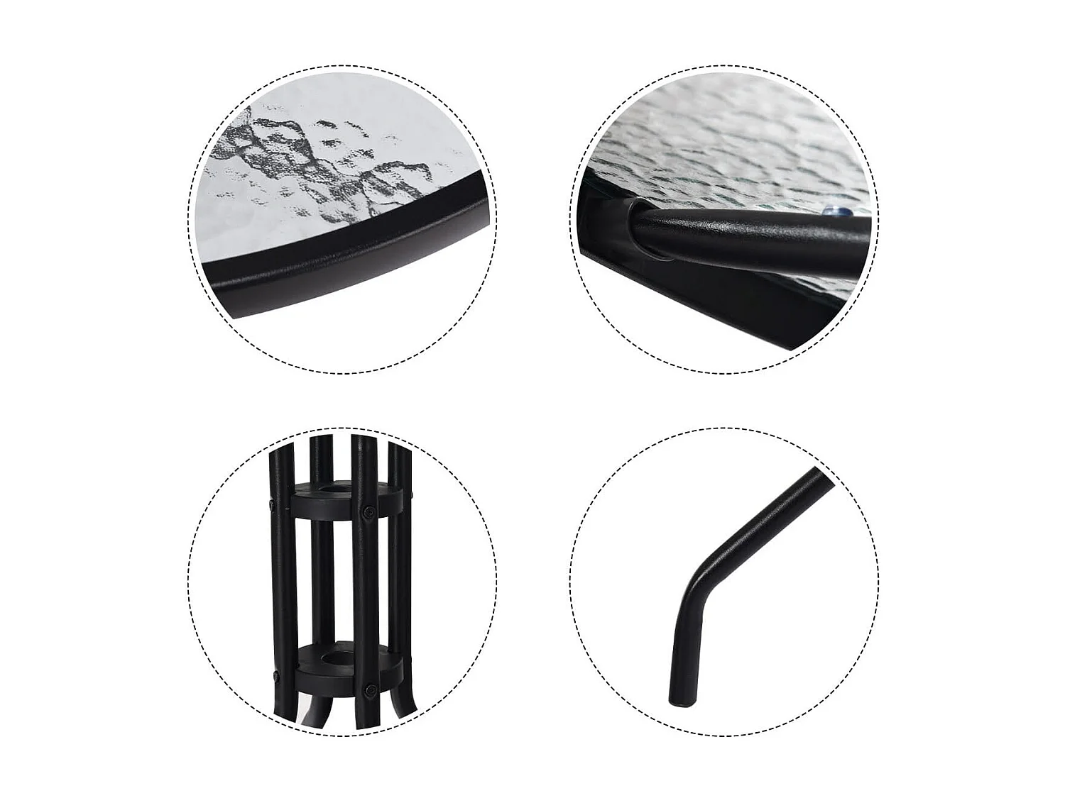 Tavolo da patio da 70cm con piano in vetro temperato gambe in metallo foro per l'ombrellone, Tavolino rotondo da caffè