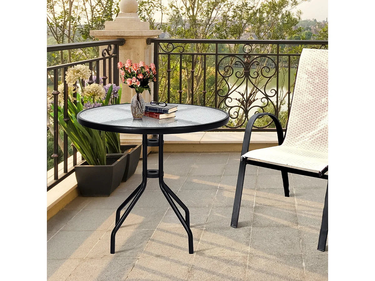 Gartentisch mit Tischplatte aus Gehärtetem Glas & Schirmloch & Metallrahmen Terrassentisch