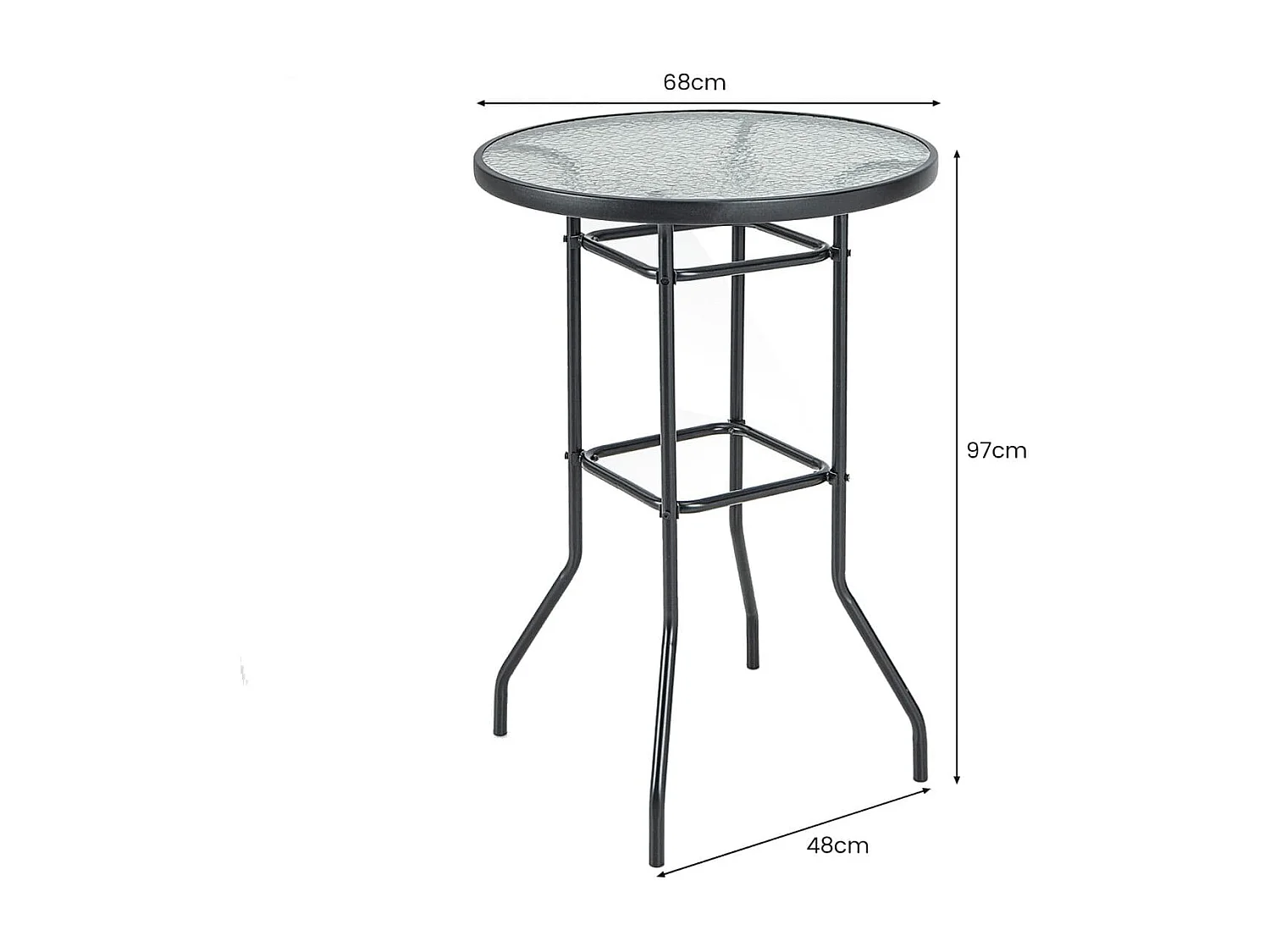Hoher Gartentisch Stehtisch runder Bistrotisch mit Tischplatte aus gehärtetem Glas 68 x 68 x 97 cm Schwarz