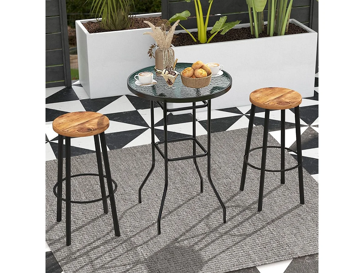 Hoher Gartentisch Stehtisch runder Bistrotisch mit Tischplatte aus gehärtetem Glas 68 x 68 x 97 cm Schwarz