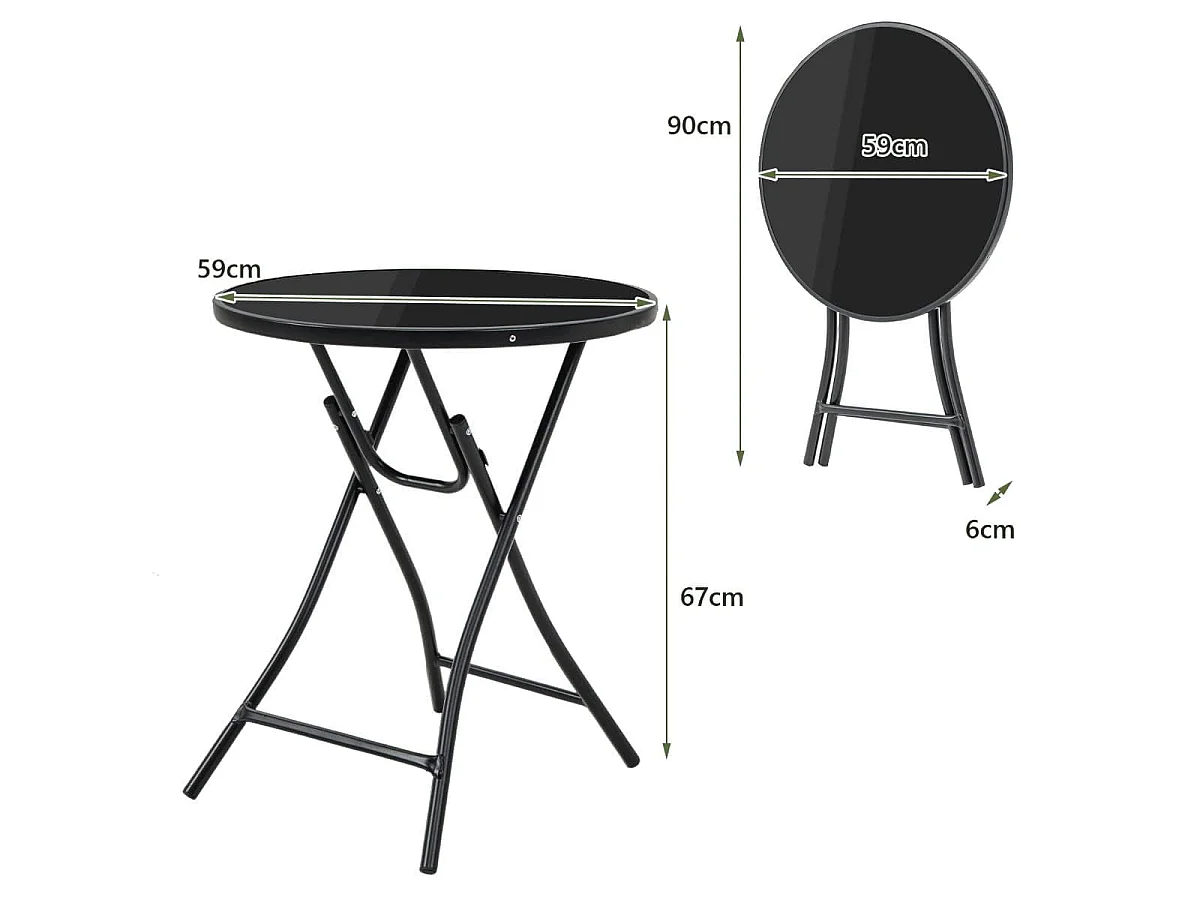 Trädgårdsbord med glasplatta, Ø 59 cm, hopfällbart