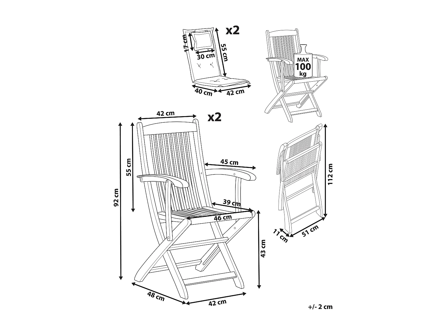 Lot de 2 chaises de jardin avec coussins MAUI II Acacia Bleu