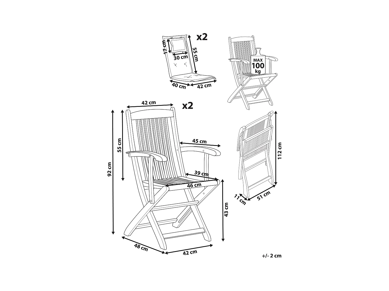 Gartenstuhl 2er Set Akazienholz heller Holzfarbton klappbar mit Auflagen Maui II