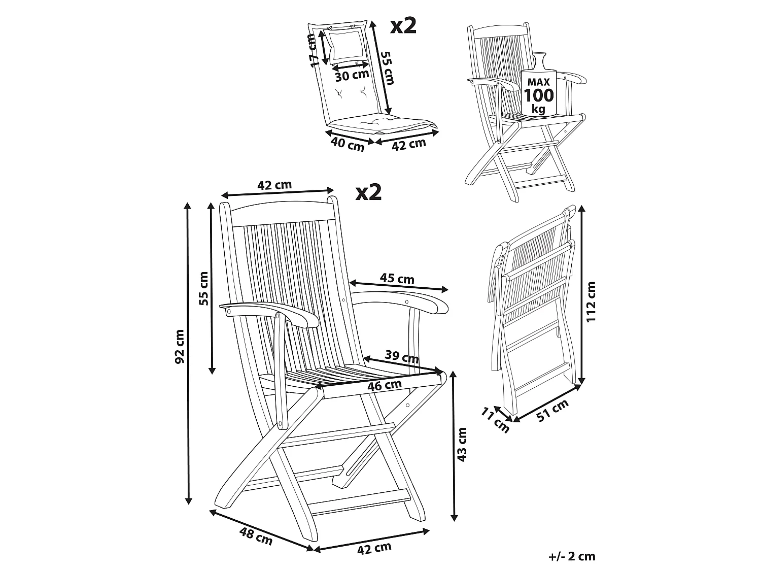 Lot de 2 chaises de jardin avec coussins MAUI II Acacia Gris