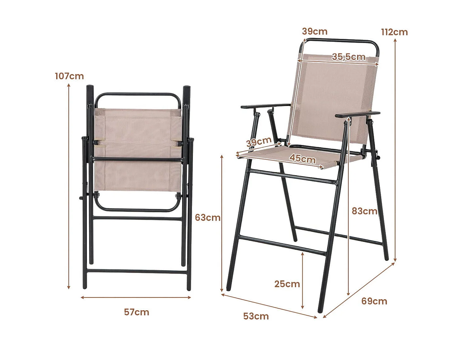 Set 2 sedie da bar pieghevoli per esterno, Sedie da pranzo con tessuto traspirante e telaio in metallo Beige