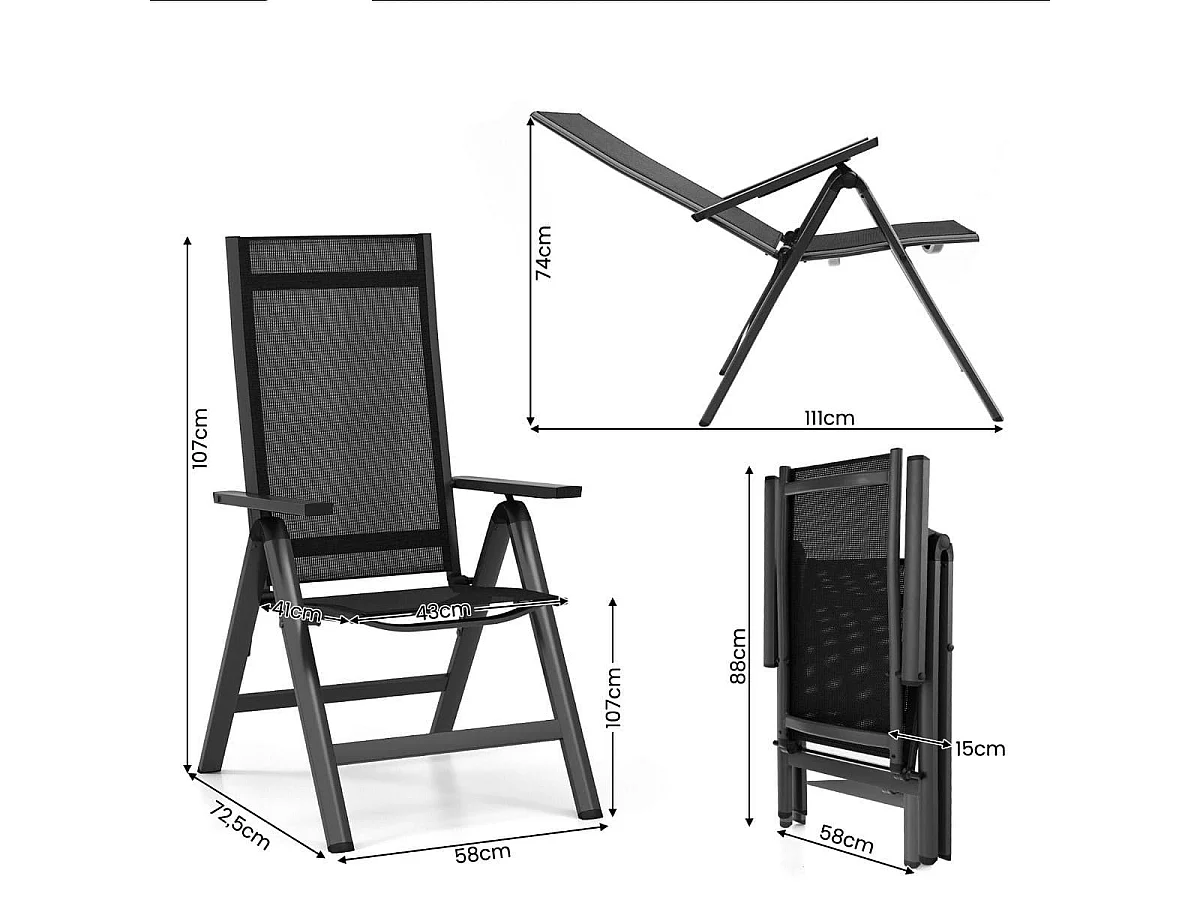Gartenstuhl Alu wetterfester Klappstuhl mit 7-Fach Verstellbarer Rückenlehne Schwarz (1 Stück)