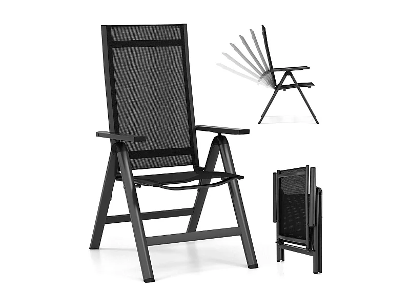 Sedia pieghevole da patio, Leggera sedia da giardino reclinabile con schienale regolabile su 7 posizioni Nero 72,5x58x107cm